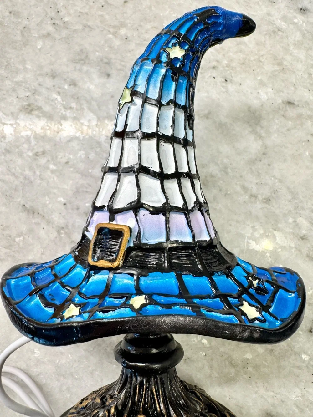 New Halloween RESIN Blue Witch’s Hat w/ Stars USB Warm White Night Light Lamp 7”